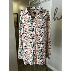 Talbots Floral Bird Button Front Tunic Top Roll Tab Sleeves Multi Size Womens L